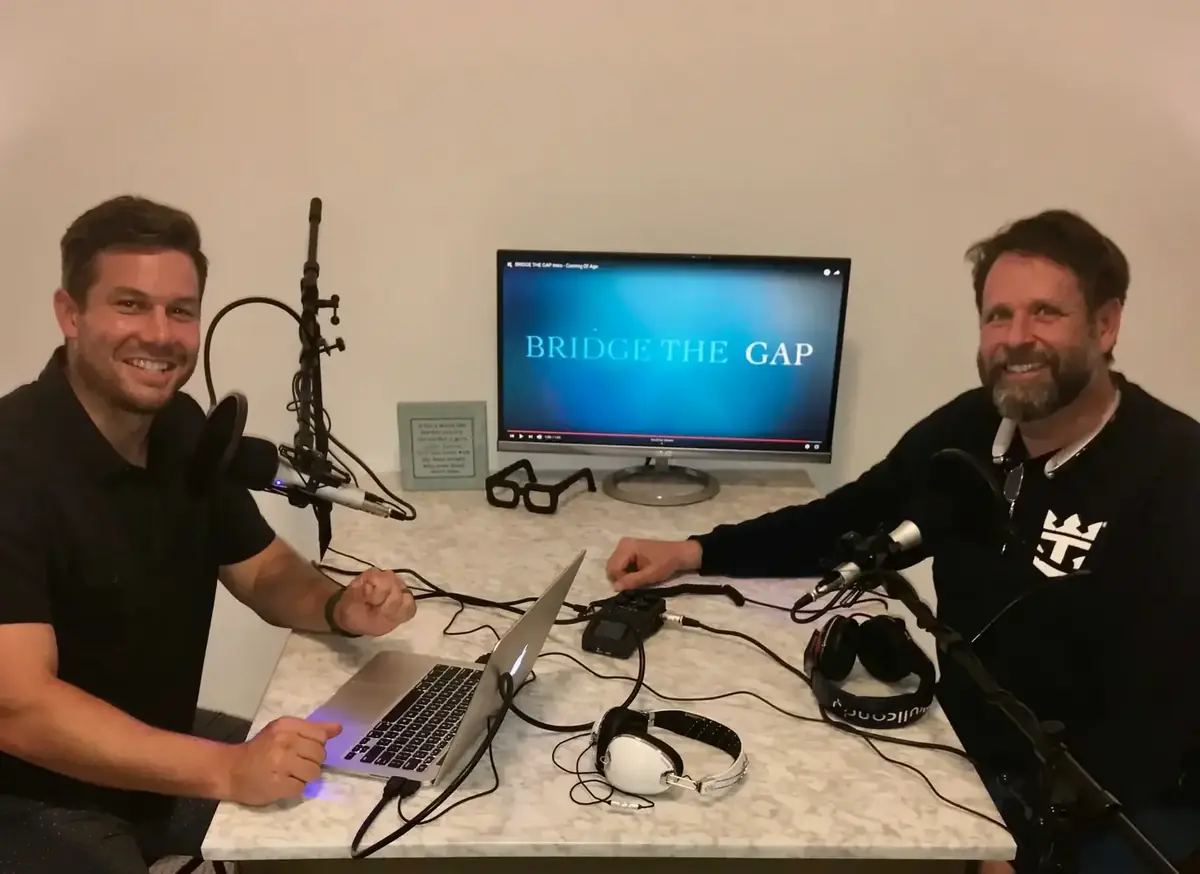 Mark and David behind the microphones during the 2019 studio launch.